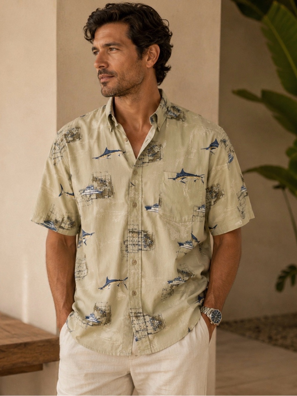 VTG Puritan Short-Sleeve Button-Down Shirt with Navy & Cream Nautical